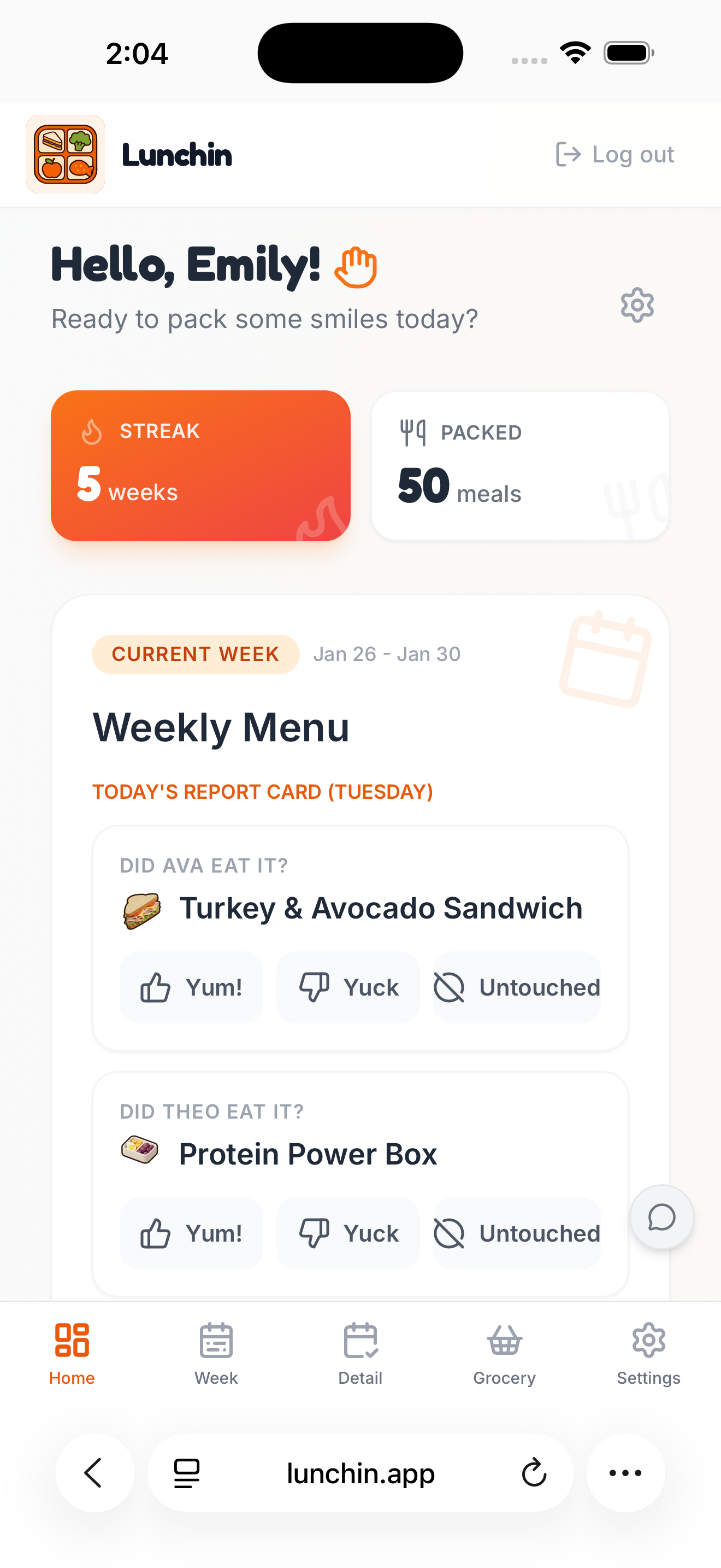 Dashboard showing 5-week streak, 50 meals packed, and daily feedback prompts