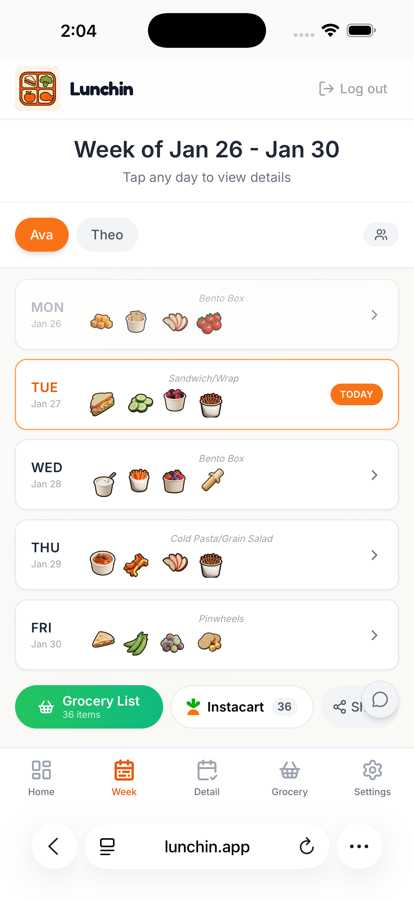 Weekly overview showing meals for Ava and Theo with food icons for each day
